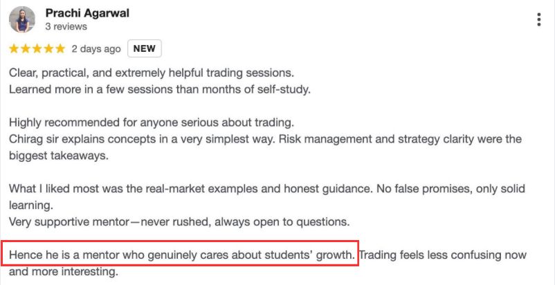 5-star review from Prachi Agarwal: clear, practical sessions; risk management and strategy clarity were the biggest takeaways; real-market examples, honest guidance and a supportive mentor.