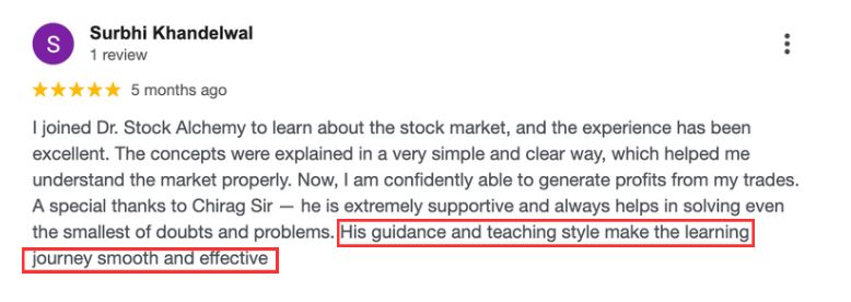 5-star review from Surbhi Khandelwal: concepts explained in a simple, clear way; the mentor is supportive and helps solve even small doubts.