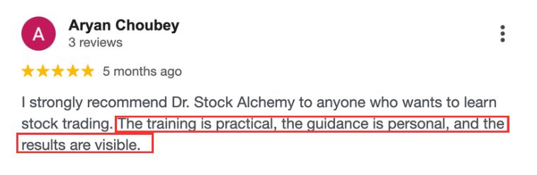 5-star review from Aryan Choubey: recommends the course; the training is practical and the guidance is personal.