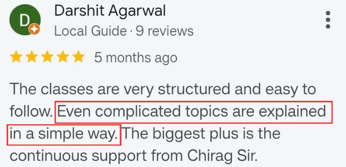 5-star review from Darshit Agarwal: classes are structured and easy to follow; complicated topics explained simply, with continuous support from the mentor.