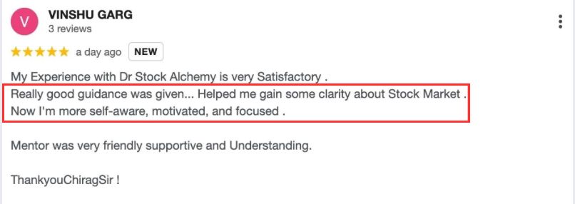 5-star review from Vinshu Garg: good guidance that gave clarity about the stock market; mentor was friendly, supportive and understanding.