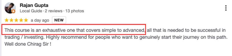 5-star review from Rajan Gupta: an exhaustive course covering simple to advanced topics; recommended for people who want to genuinely start on this path.