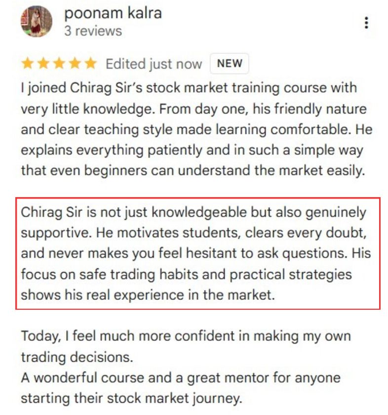 5-star review from Poonam Kalra: joined with very little knowledge; the mentor explains patiently and simply, clears every doubt, and focuses on safe trading habits and practical strategies.