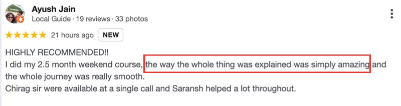5-star review from Ayush Jain: took the 2.5-month weekend course; the way everything was explained was simply amazing and the mentor was available on call.