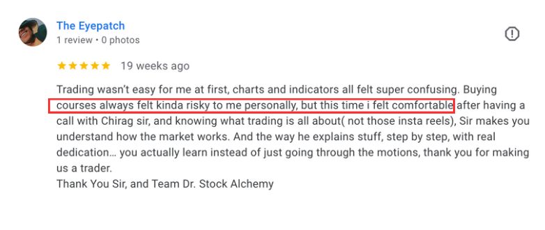 5-star review from The Eyepatch: charts and indicators felt confusing at first; the mentor explains step by step how the market works.