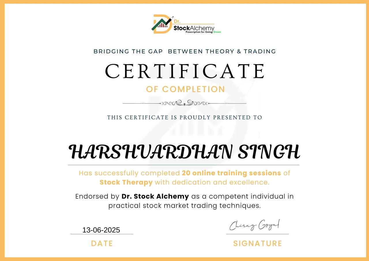 Sample Dr. Stock Alchemy certificate of completion, signed by Chirag Goyal